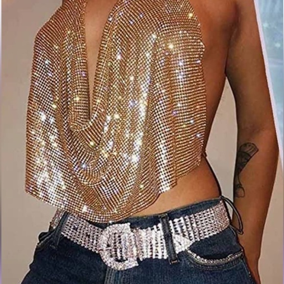 Source Unknown Tops - Rhinestone Tank Tops Gold Sparkly Crystals Crop Top Halter Backless Summer Beach